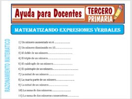 Modelo de la Ficha de Matematizando Expresiones Verbales para Tercero de Primaria