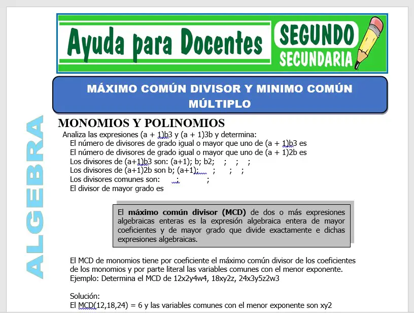 Modelo de la Ficha de Máximo Común Divisor y Mínimo Común Múltiplo para Segundo de Secundaria