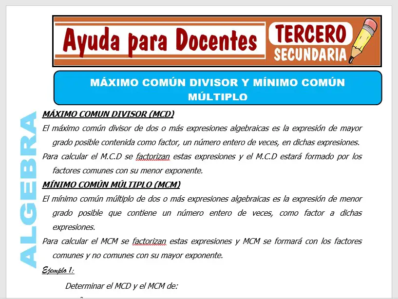 Modelo de la Ficha de Máximo Común Divisor y Mínimo Común Múltiplo para Tercero de Secundaria