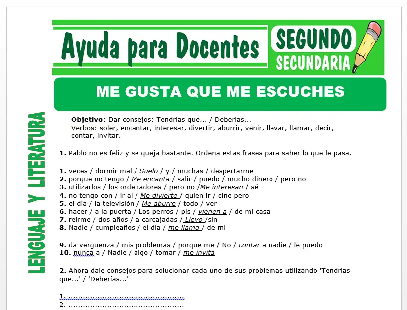 Modelo de la Ficha de Me Gusta Que me Escuches para Segundo de Secundaria