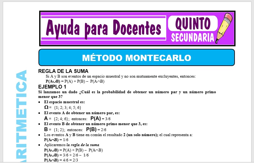 Modelo de la Ficha de Método Montecarlo para Quinto de Secundaria Modelo de la Ficha de Método Montecarlo para Quinto de Secundaria