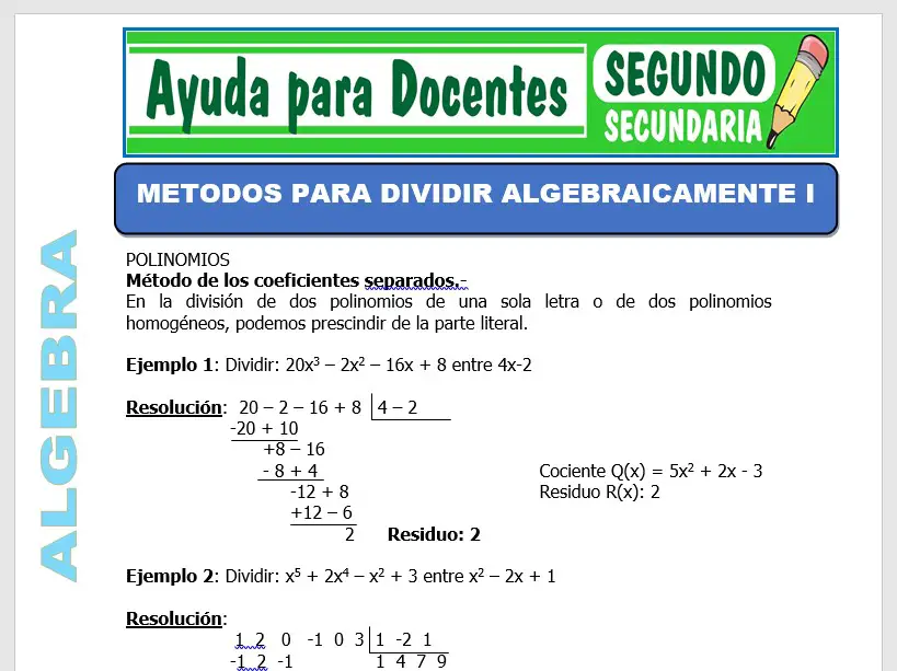 Modelo de la Ficha de Métodos Para Dividir Algebraicamente I para Segundo de Secundaria