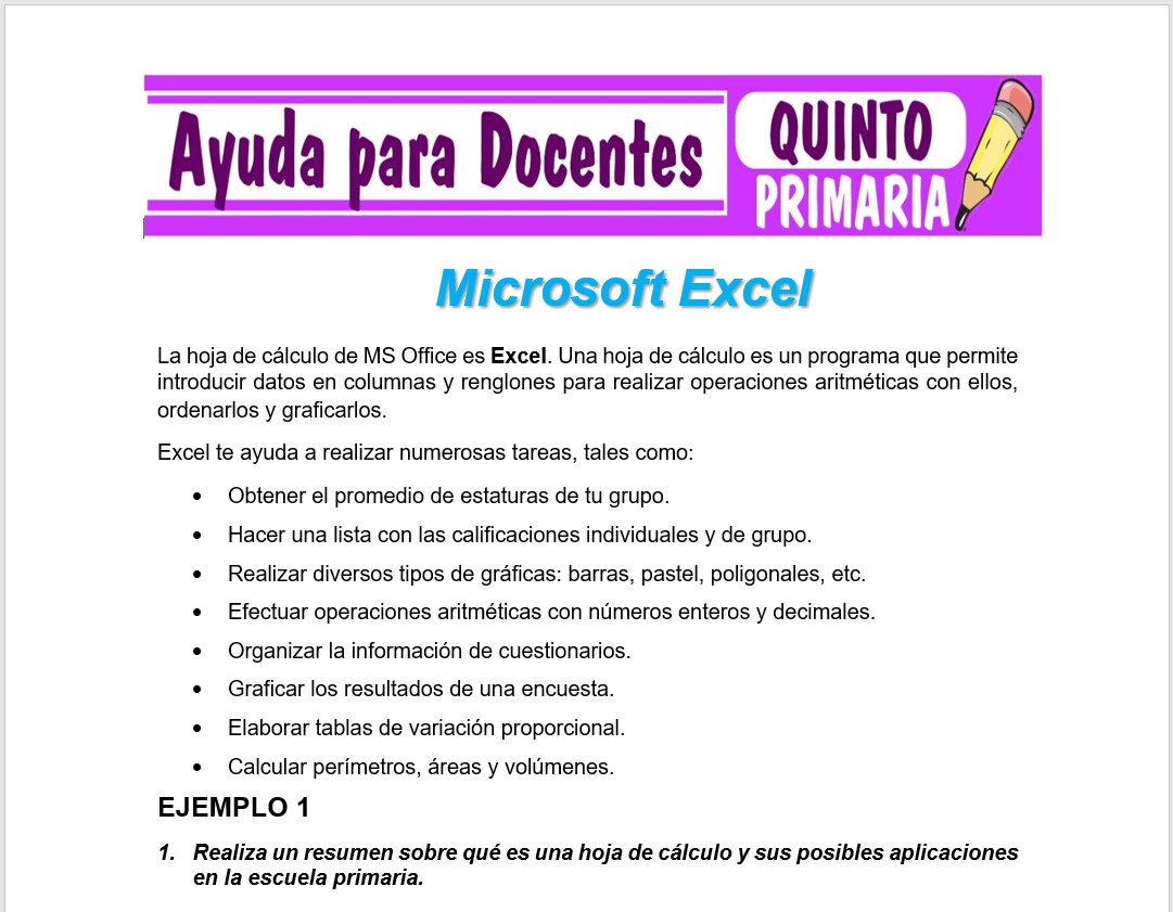 Modelo de la Ficha de Microsoft Excel para Quinto de Primaria