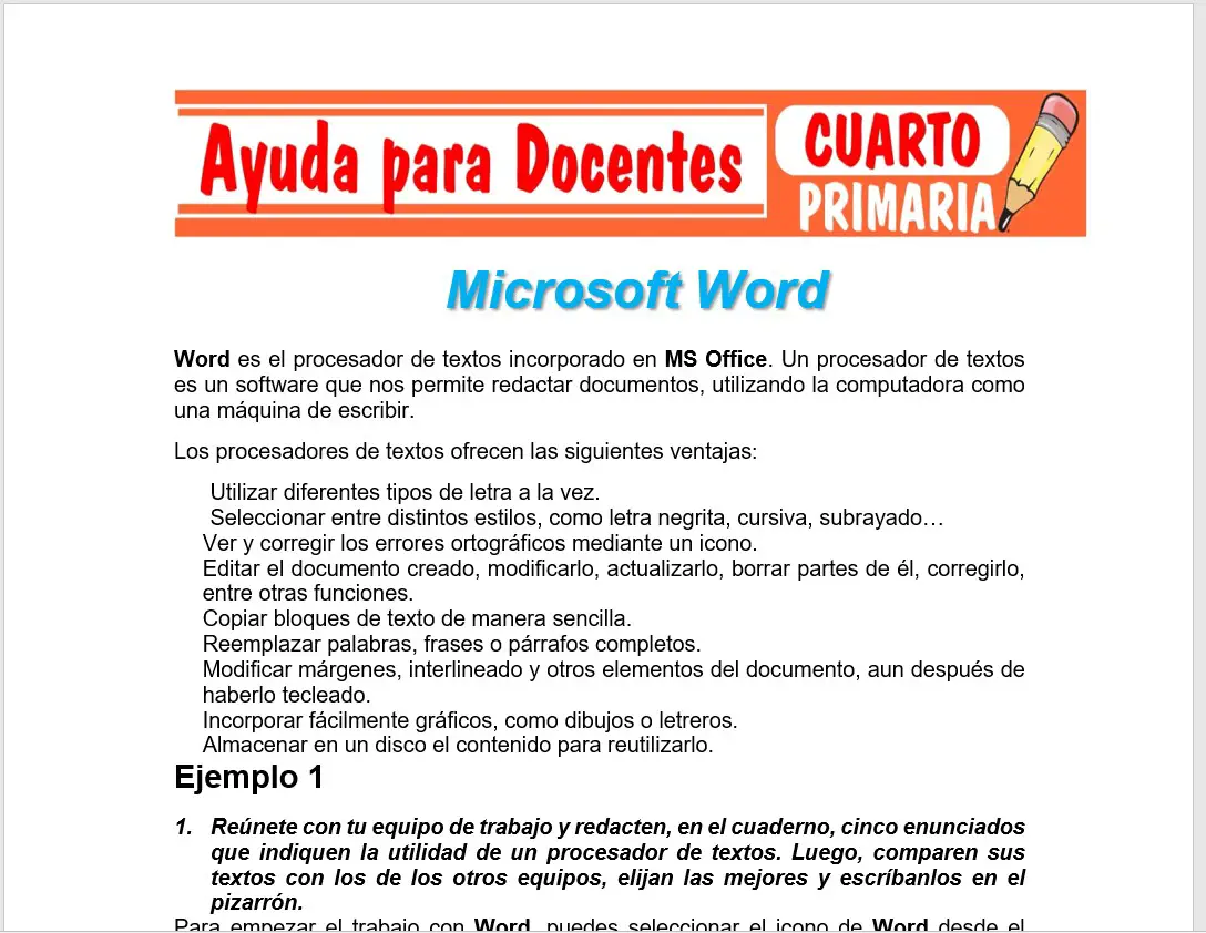 Modelo de la Ficha de Microsoft Word para Cuarto de Primaria