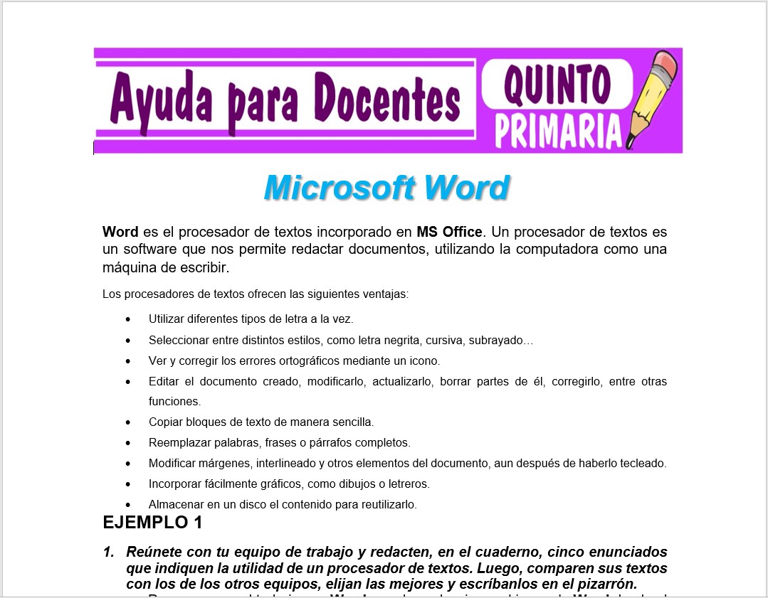 Modelo de la Ficha de Microsoft Word para Quinto de Primaria
