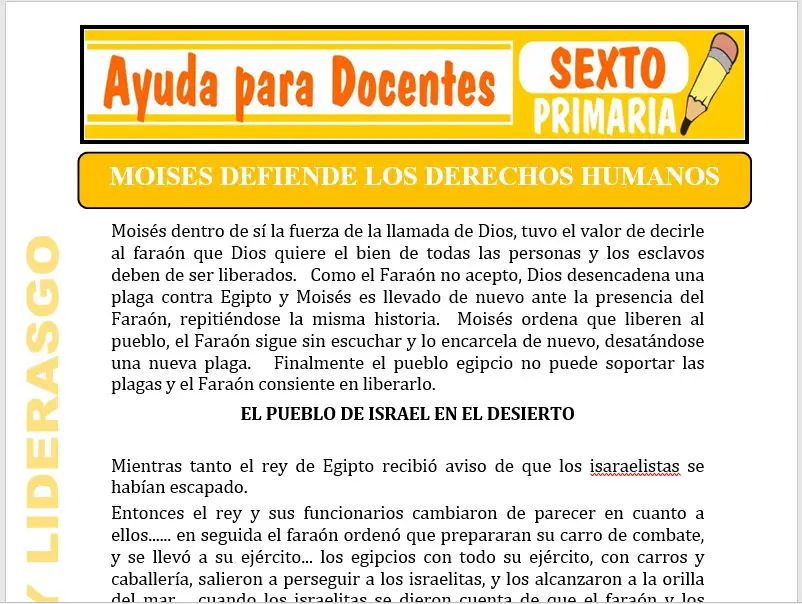 Modelo de la Ficha de Moisés Defiende los Derechos Humanos para Sexto de Primaria