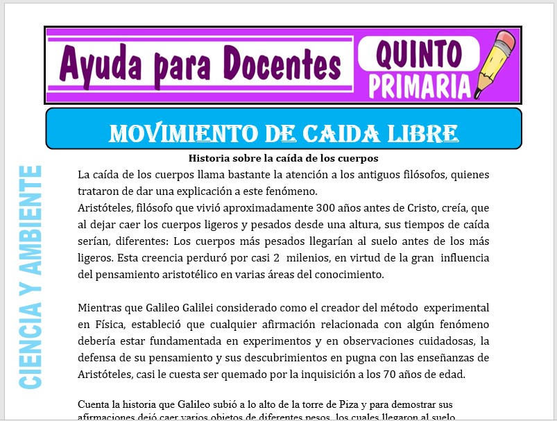 Modelo de la Ficha de Movimiento de Caída Libre para Quinto de Primaria Modelo de la Ficha de Movimiento de Caída Libre para Quinto de Primaria