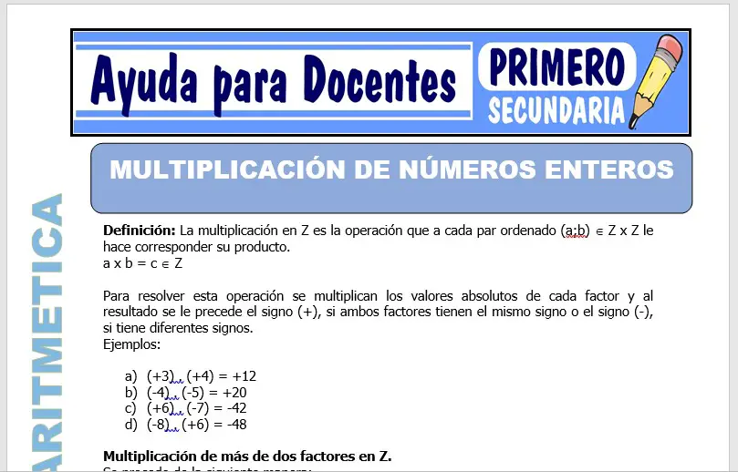 Modelo de la Ficha de Multiplicación de Números Enteros para Primero de Secundaria