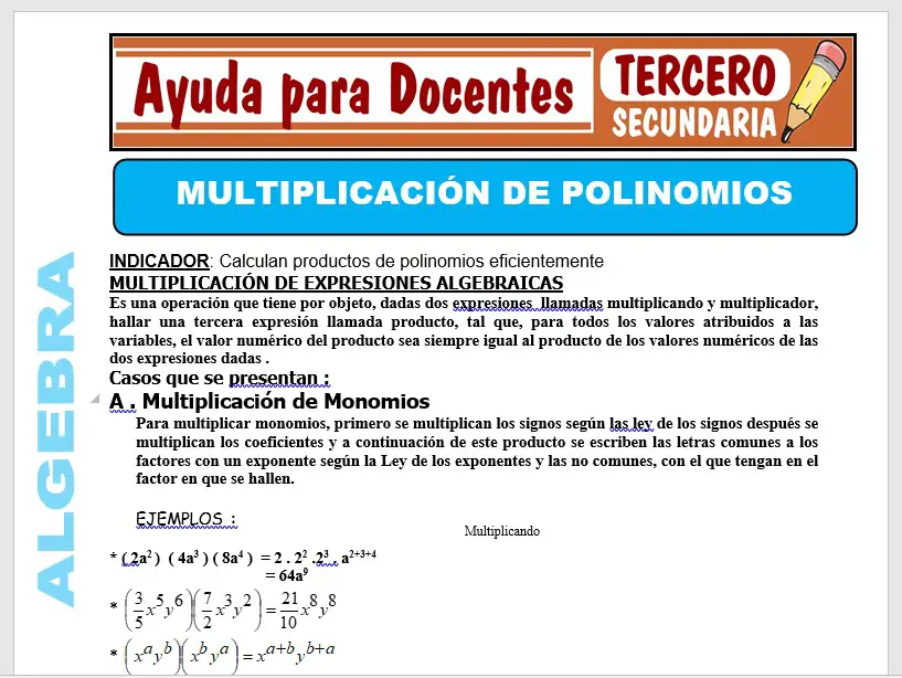 Modelo de la Ficha de Multiplicación de Polinomios para Tercero de Secundaria