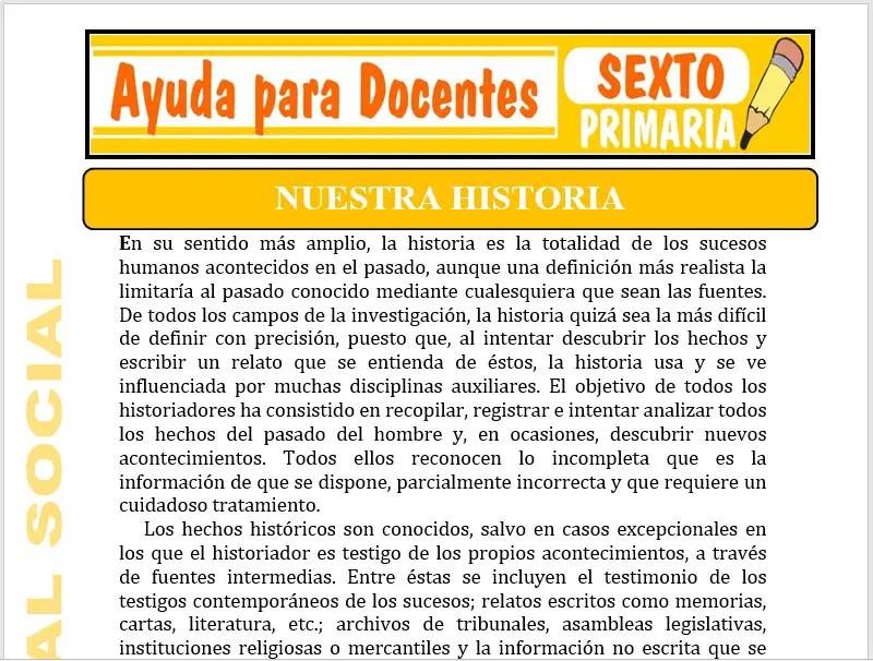 Modelo de la Ficha de Nuestra Historia para Sexto de Primaria