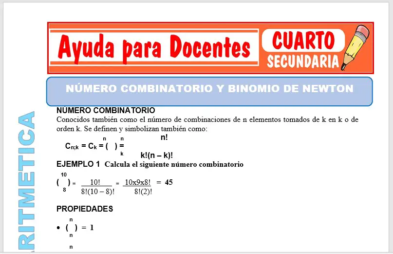Modelo de la Ficha de Número Combinatorio y Binomio de Newton para Cuarto de Secundaria