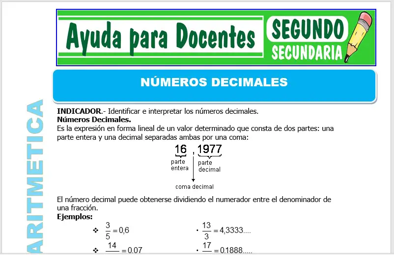Modelo de la Ficha de Números Decimales para Segundo de Secundaria