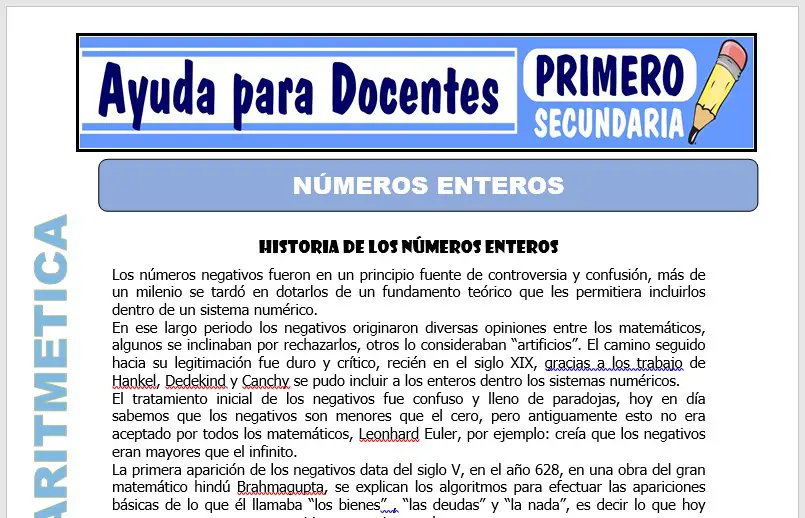 Modelo de la Ficha de Números Enteros para Primero de Secundaria