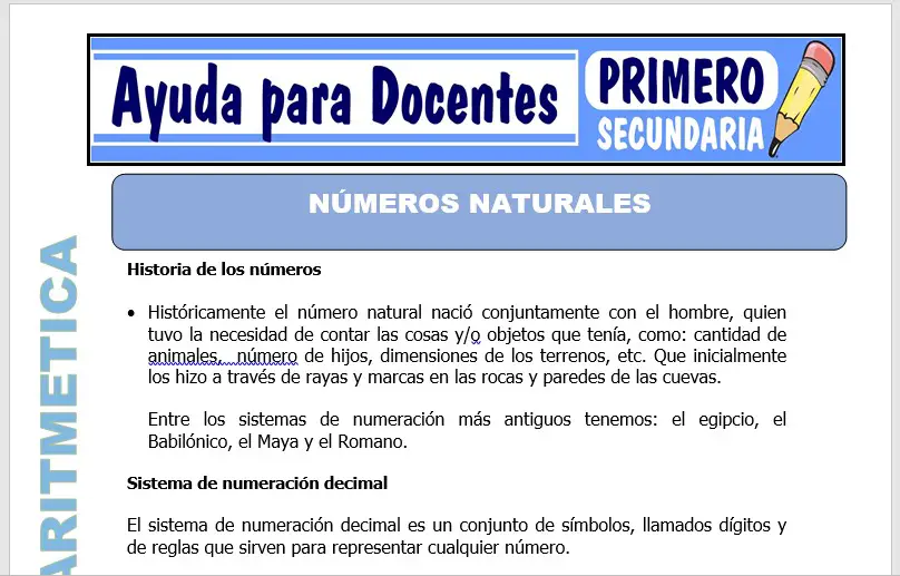 Modelo de la Ficha de Números Naturales para Primero de Secundaria