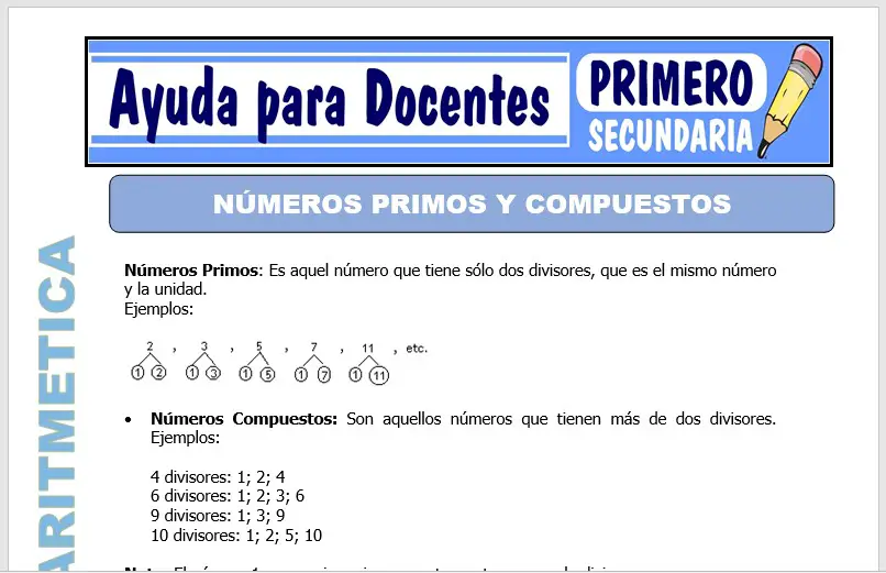 Modelo de la Ficha de Números Primos y Compuestos para Primero de Secundaria