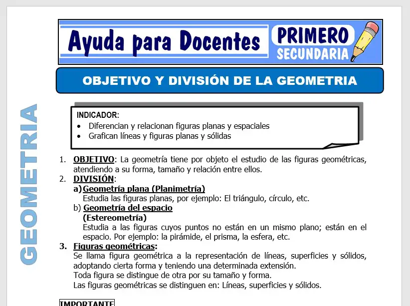 Modelo de la Ficha de Objetivos y División de la Geometría para Primero de Secundaria