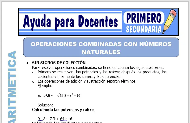 Modelo de la Ficha de Operaciones Combinadas con Números Naturales para Primero de Secundaria