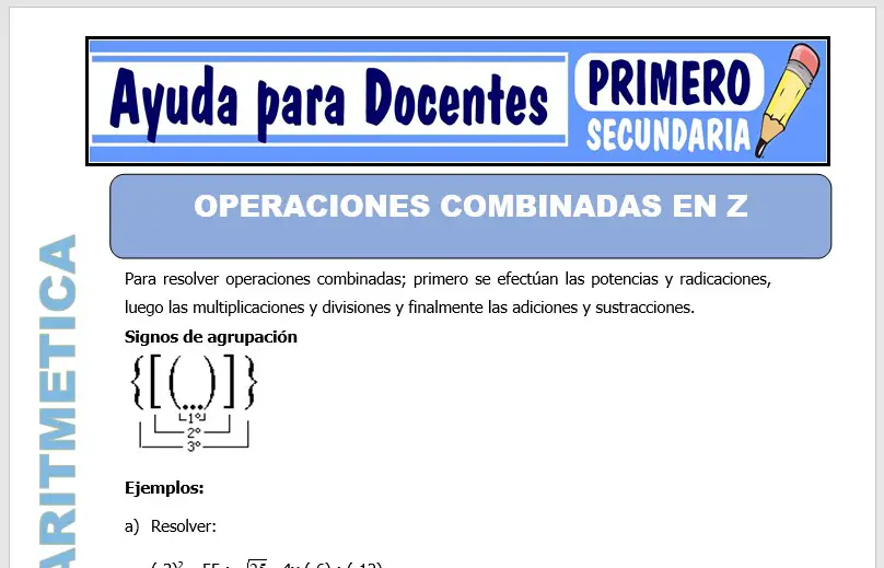 Modelo de la Ficha de Operaciones Combinadas en Z para Primero de Secundaria