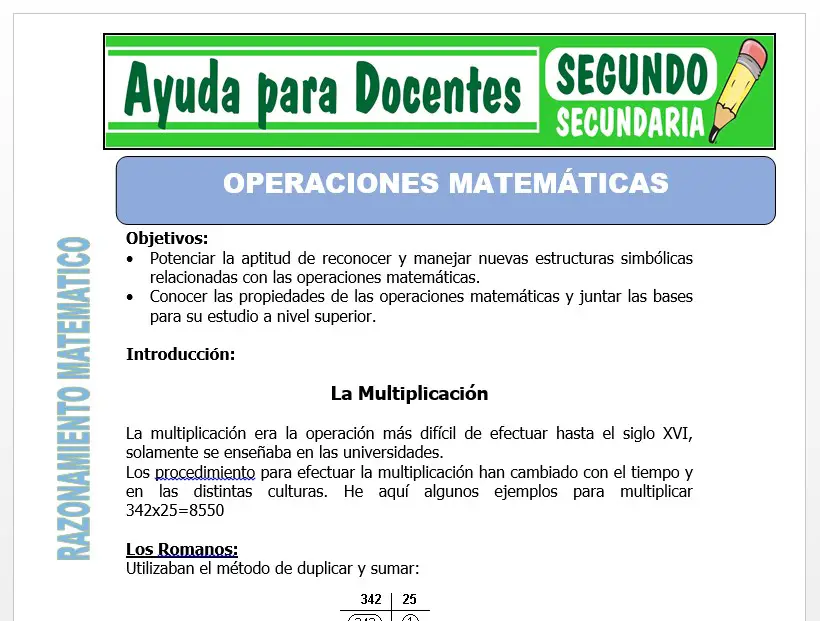 Modelo de la Ficha de Operaciones Matemáticas para Segundo de Secundaria