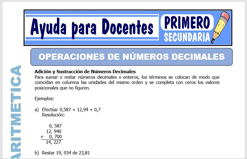 Modelo de la Ficha de Operaciones con Números Decimales para Primero de Secundaria