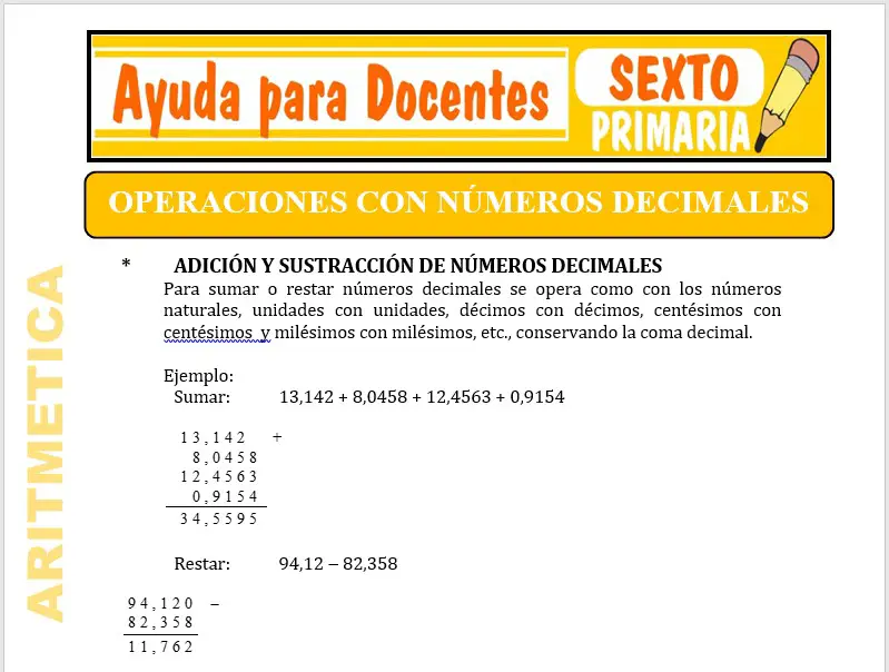 Modelo de la Ficha de Operaciones con Números Decimales. para Sexto de Primaria Modelo de la Ficha de Operaciones con Números Decimales. para Sexto de Primaria
