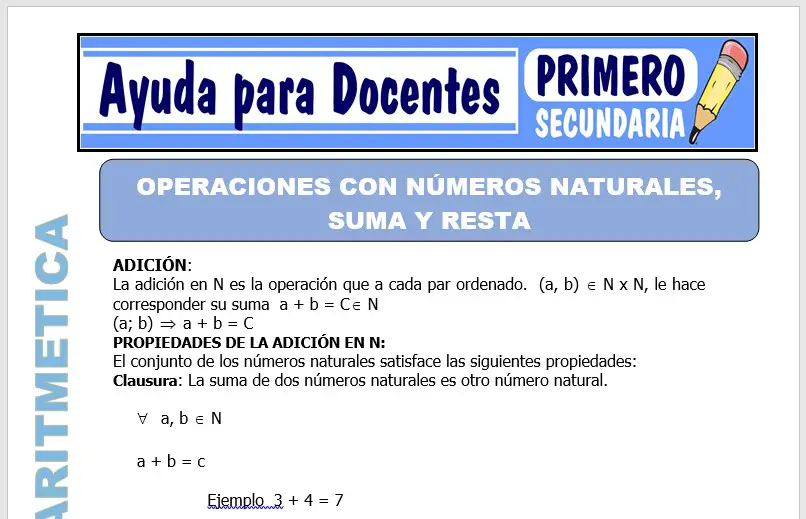 Modelo de la Ficha de Operaciones Con Números Naturales, Resta y suma para Primero de Secundaria