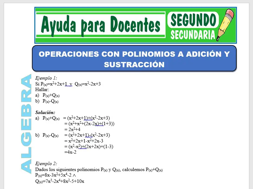 Modelo de la Ficha de Operaciones de Polinomios, Suma y Resta para Segundo de Secundaria