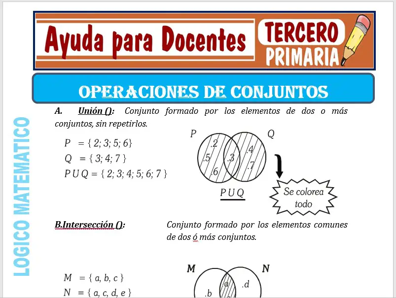 Modelo de la Ficha de Operaciones de Conjuntos para Tercero de Primaria Modelo de la Ficha de Operaciones de Conjuntos para Tercero de Primaria