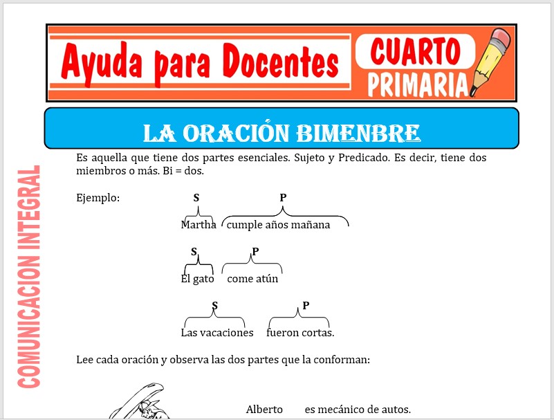 Modelo de la Ficha de La Oración Bimembre para Cuarto de Primaria