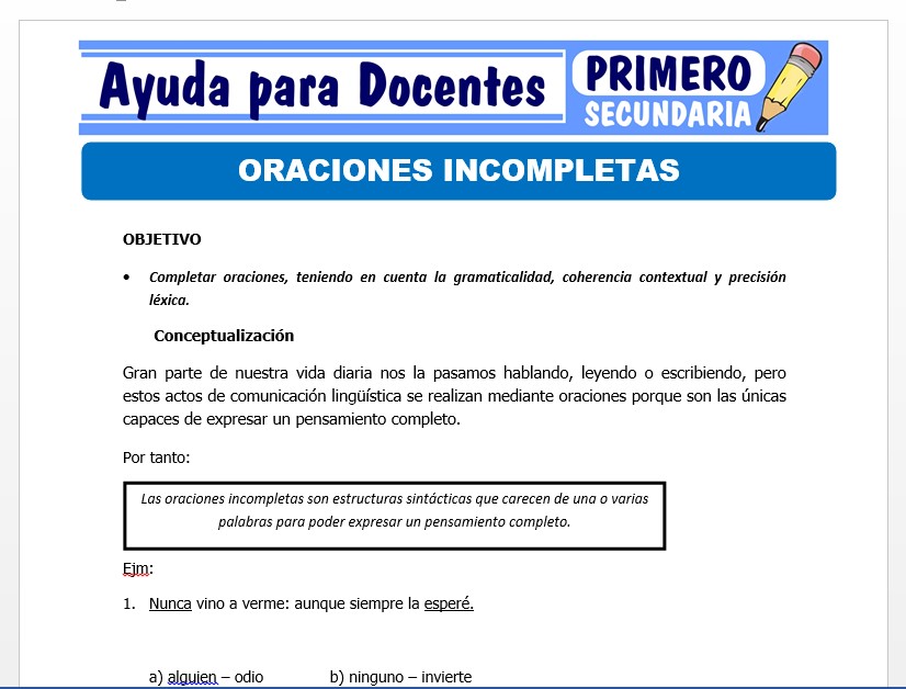 Modelo de la Ficha de Oraciones Incompletas para Primero de Secundaria Modelo de la Ficha de Oraciones Incompletas para Primero de Secundaria