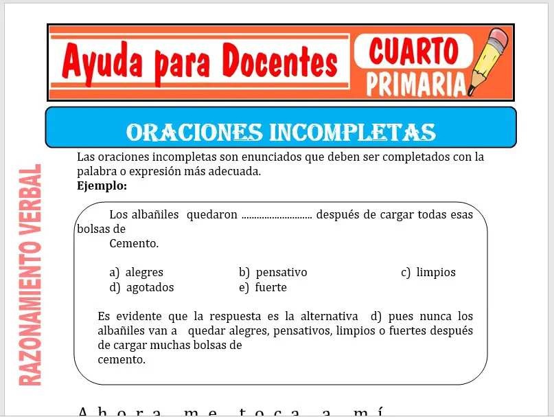 Modelo de la Ficha de Oraciones Incompletas para Cuarto de Primaria Modelo de la Ficha de Oraciones Incompletas para Cuarto de Primaria