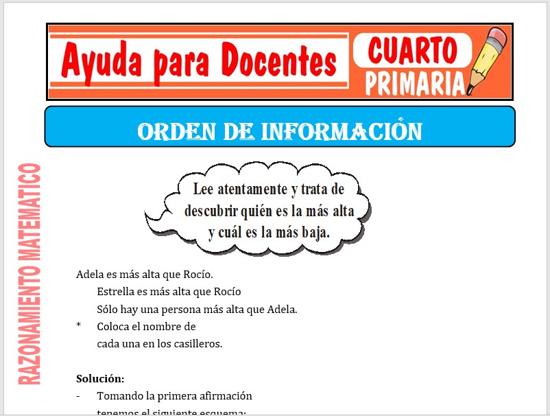 Modelo de la Ficha de Orden de Información para Cuarto de Primaria Modelo de la Ficha de Orden de Información para Cuarto de Primaria
