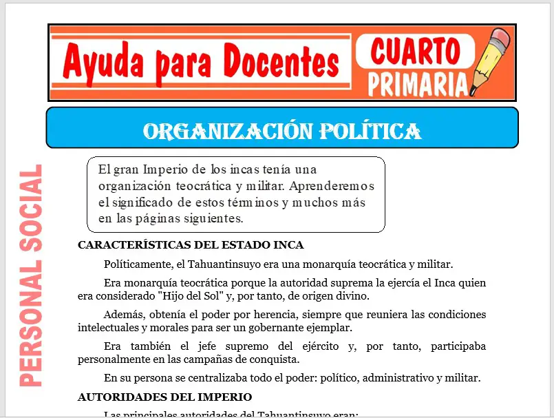 Modelo de la Ficha de Organización Política para Cuarto de Primaria