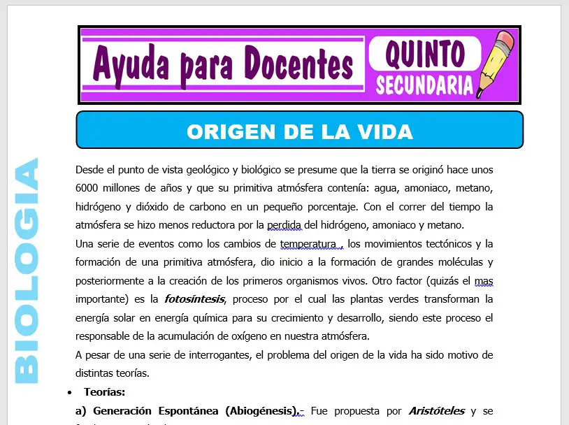 Modelo de la Ficha de Origen de la Vida para Quinto de Secundaria