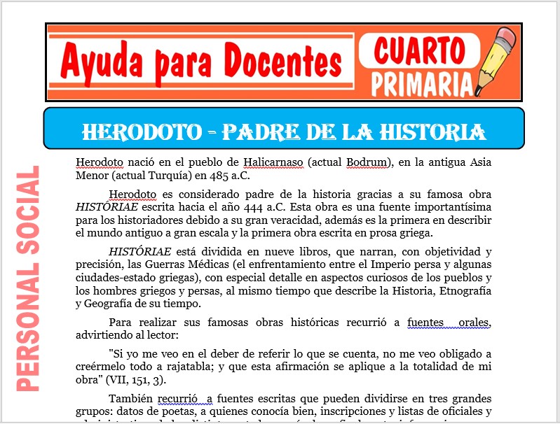 Modelo de la Ficha de Padre de la Historia - Heródoto para Cuarto de Primaria Modelo de la Ficha de Padre de la Historia - Heródoto para Cuarto de Primaria