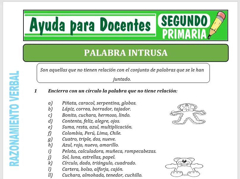 Modelo de la Ficha de Palabra Intrusa para Segundo de Primaria