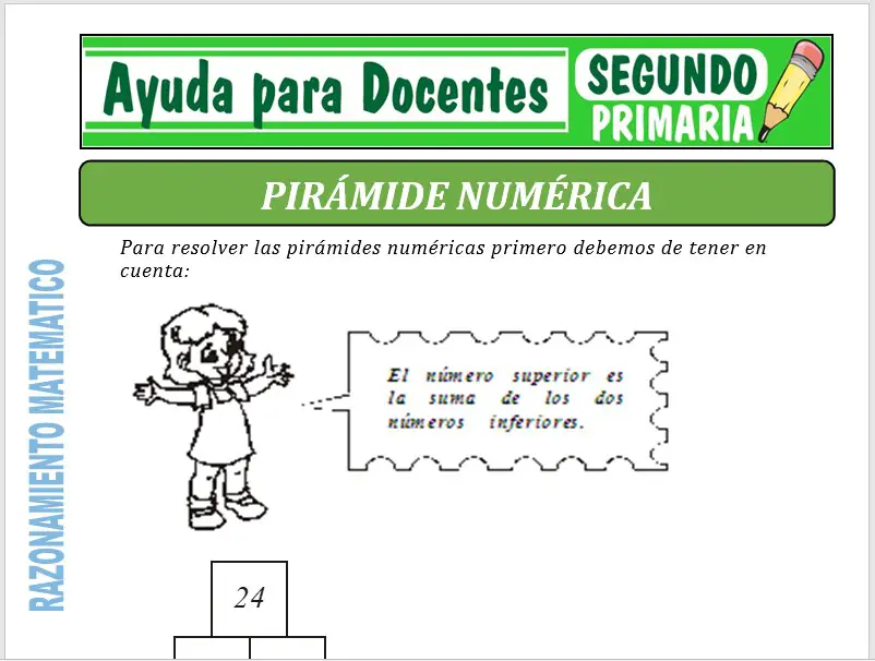 Aquí encontraras una ficha de Pirámide Numérica para Segundo de Primaria o alumnos que tengan 07 años, que ha sido creado especialmente para el curso de Razonamiento Matemático. Este material educativo lo podrás descargar GRATIS en formatos: PDF y WORD al finalizar este contenido. Imagen de la Ficha de Pirámide Numérica Aquí podrás observar una muestra de captura de pantalla de la ficha de Razonamiento Matemático que te mostramos en esta oportunidad. Para poder obtener este material educativo solo debes hacer click en el formato que desees descargar. También te invitamos a seguir navegando en este sitio web para que puedas descargar más materiales de ayuda educativa. Contenido de la Ficha En este recurso didáctico de Razonamiento Matemático obtendrás algunos imágenes y actividades muy importantes sobre Pirámide Numérica, ahora veras parte de su contenido de este material: • Las pirámides con el signo más. • También las pirámides se pueden resolver restando. • Tarea domiciliaria para practicar. Sabemos que este material educativo será de mucha ayuda para el aprendizaje y enseñanza de los educandos de Segundo de Primaria. Con tan solo UN CLICK tendrás este material sobre Pirámide Numérica, que te presentaremos a continuación: Descargar Gratis la Ficha de Pirámide Numérica