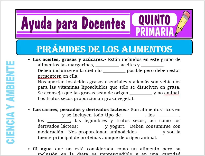 Modelo de la Ficha de Pirámides de los Alimentos para Quinto de Primaria