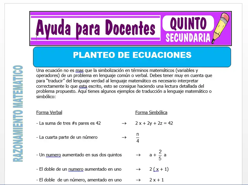 Modelo de la Ficha de Planteo de Ecuaciones para Quinto de Secundaria