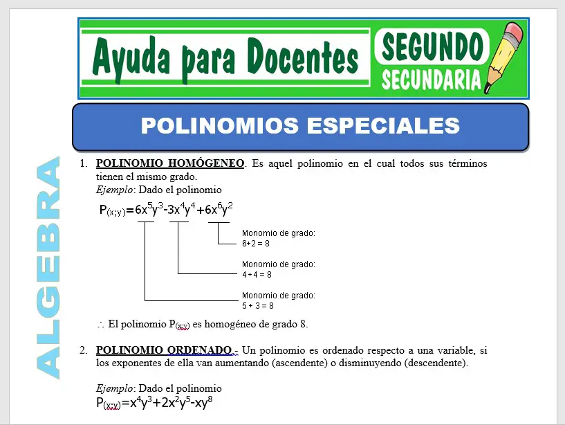 Modelo de la Ficha de Polinomios Especiales para Segundo de Secundaria