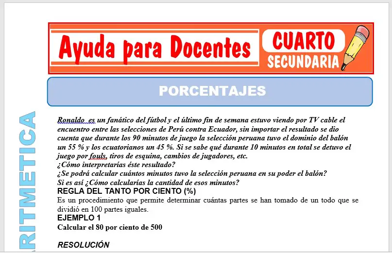 Modelo de la Ficha de Porcentajes para Cuarto de Secundaria