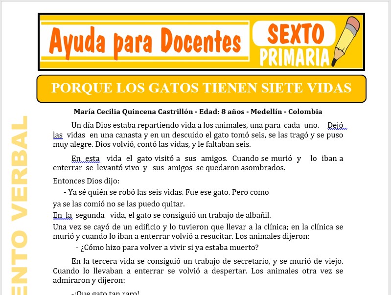 Modelo de la Ficha de Porque los Gatos Tienen Siete Vidas para Sexto de Primaria