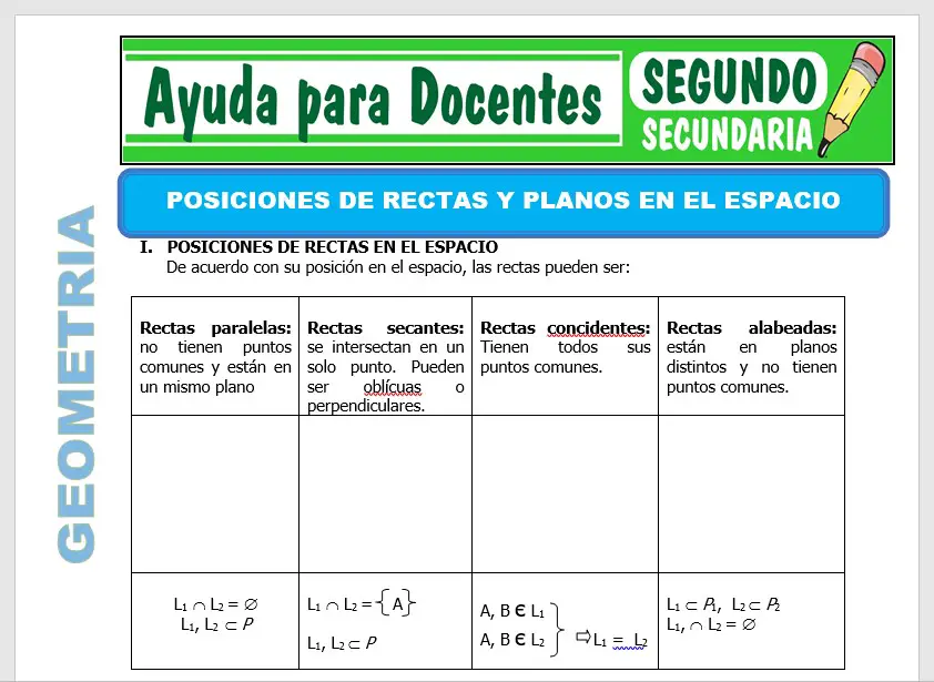 Modelo de la Ficha de Posición de Rectas y Planos en el Espacio para Segundo de Secundaria