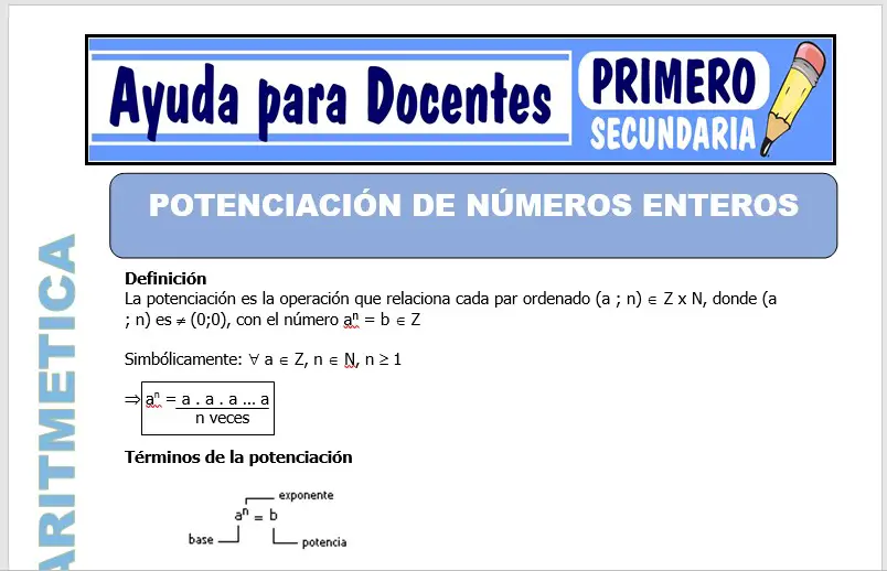 Modelo de la Ficha de Potenciación de Números Enteros para Primero de Secundaria