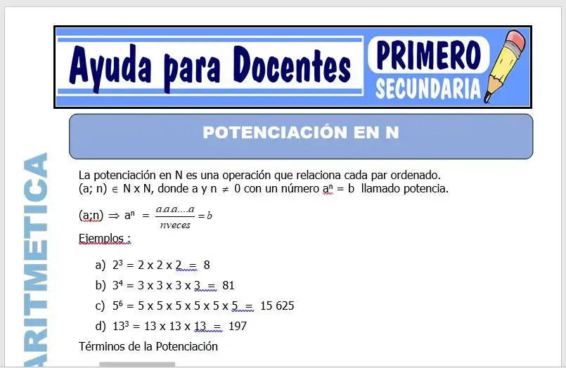 Modelo de la Ficha de Potenciación en N para Primero de Secundaria