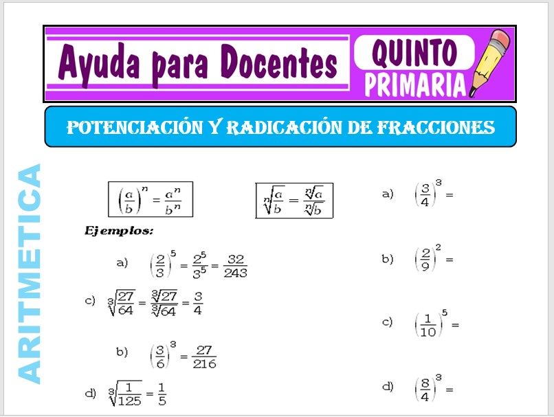 Modelo de la Ficha de Potenciación y Radicación de Fracciones para Quinto de Primaria Modelo de la Ficha de Potenciación y Radicación de Fracciones para Quinto de Primaria