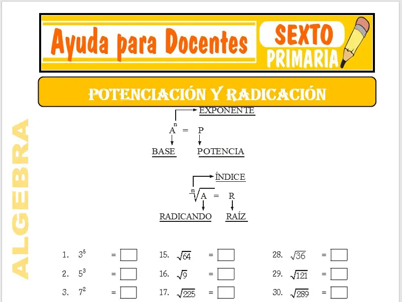 Modelo de la Ficha de Potenciación y Radicación para Sexto de Primaria Modelo de la Ficha de Potenciación y Radicación para Sexto de Primaria