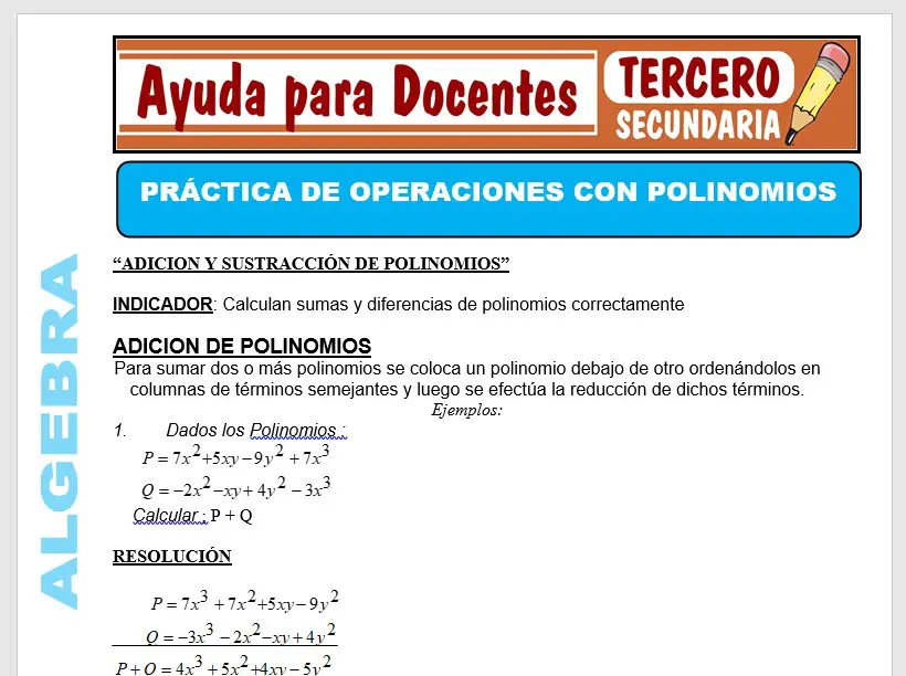 Modelo de la Ficha de Práctica de Operaciones con Polinomios para Tercero de Secundaria