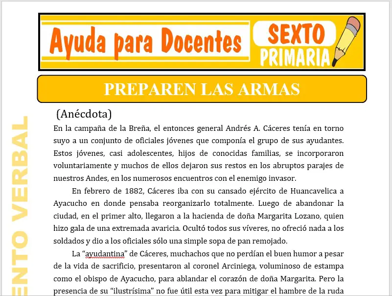 Modelo de la Ficha de Preparen las Armas para Sexto de Primaria