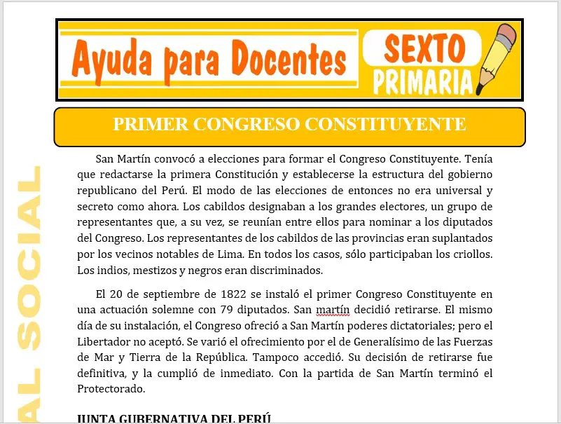 Modelo de la Ficha de Primer Congreso Constituyente para Sexto de Primaria Modelo de la Ficha de Primer Congreso Constituyente para Sexto de Primaria